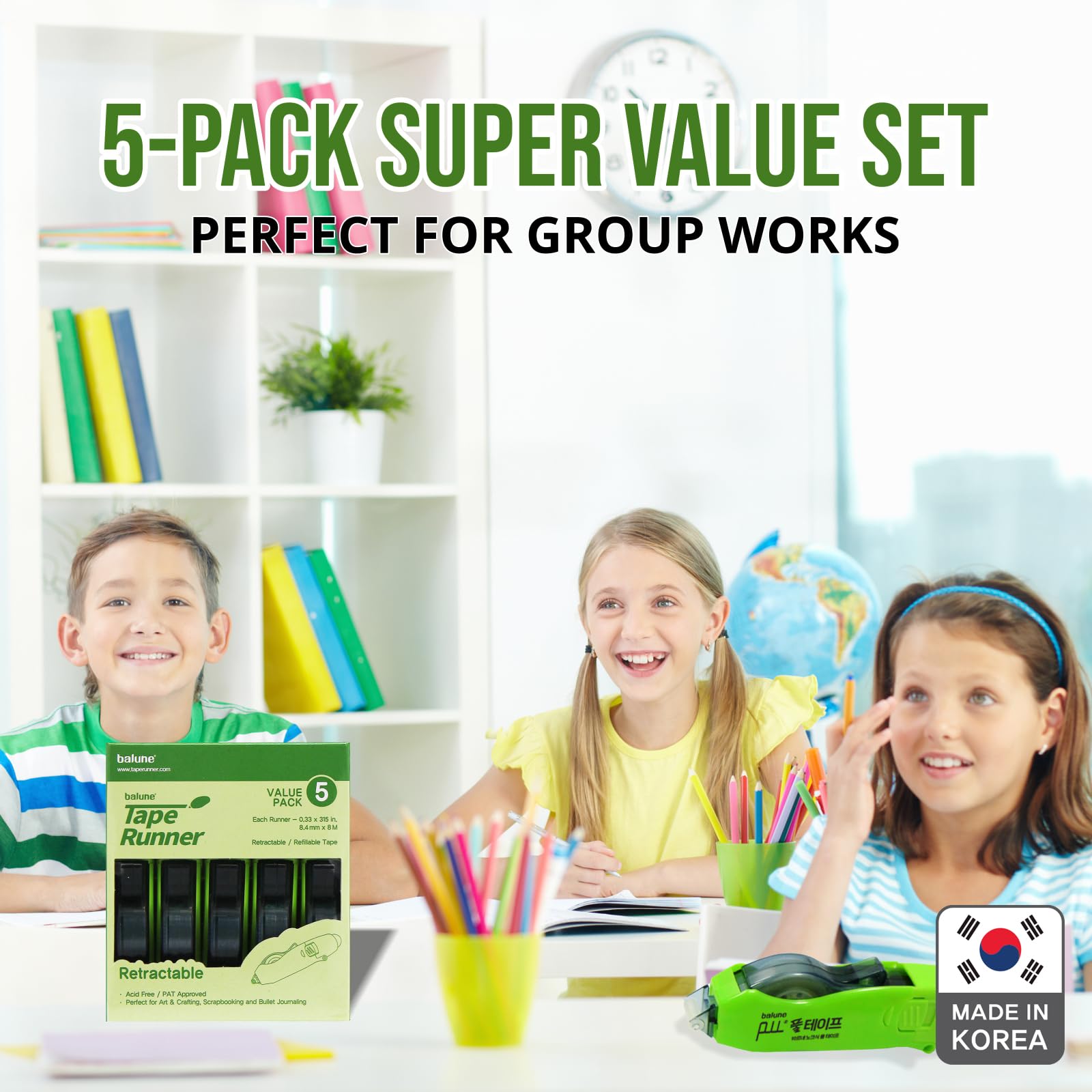 TAPE RUNNER - Double Sided Adhesive with Dispenser Roller Included - Acid Free, Sticky, Transparent - Ideal for Scrapbooking, Crafts & More - Retractable (315 inches per Cartridge), 5 Cartridges