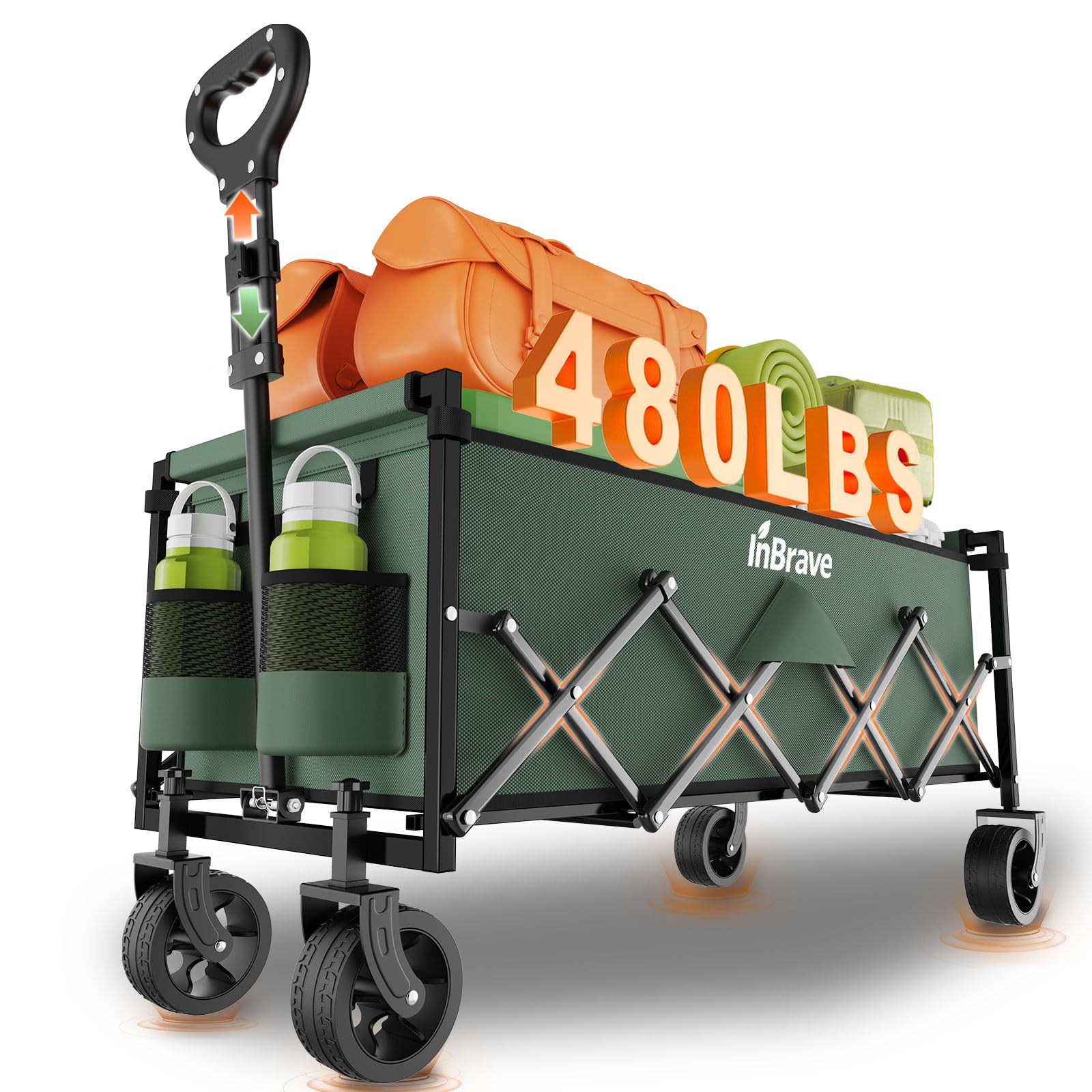 Photo 1 of InBrave Extra Long Collapsible Wagon Cart, 480LBS Heavy Duty Utility Wagons with All-Terrain Wheels, Foldable Grocery Carts for Gardening, Shopping, Beach, Camping, Blue