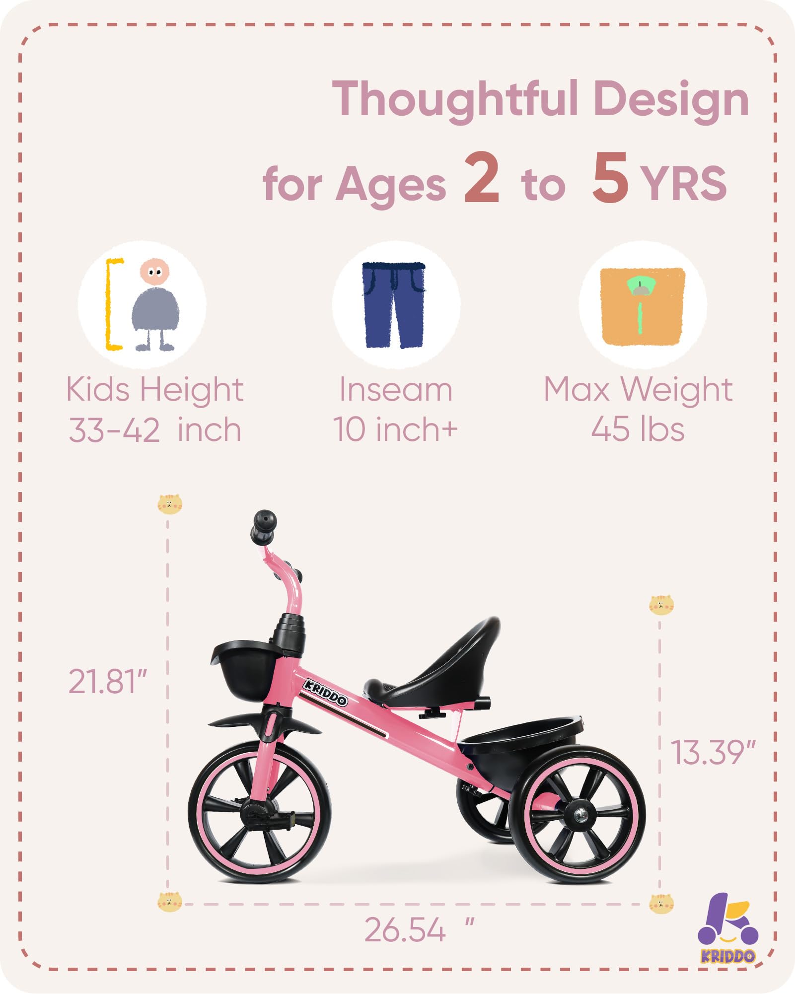 KRIDDO Tricycle for 2-5 Year Olds - Pink Toddler Trike With Gift for 24 Month to 4 Year Old Girls