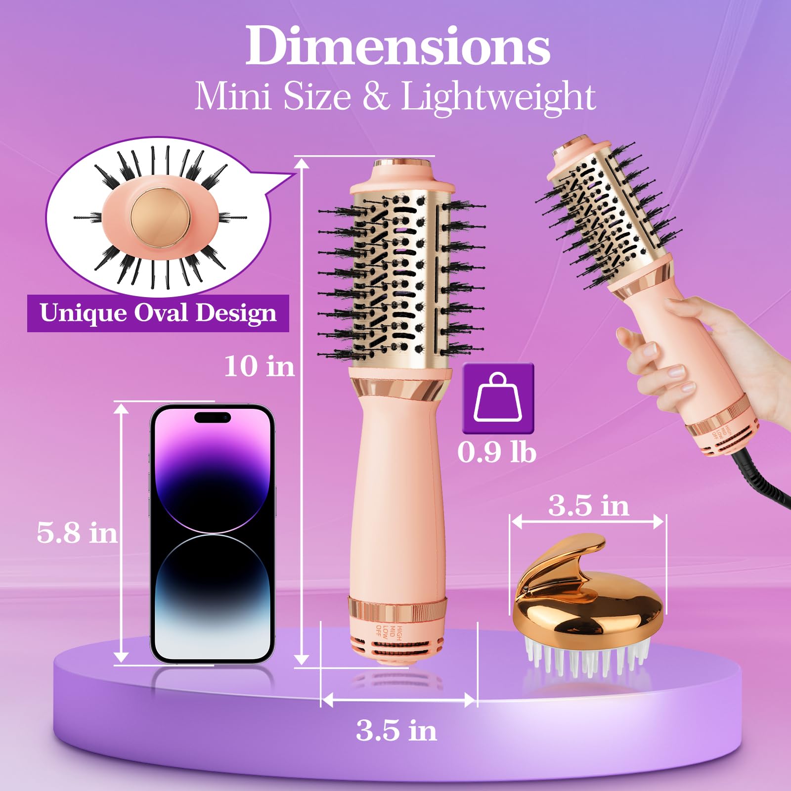 Hair Dryer Brush Blow Dryer Brush in One, 4-in-1 Hair Dryer Brush Blow Dryer with Oval Barrel, Mini Hot Air Brush for All Hair Types(Pink)