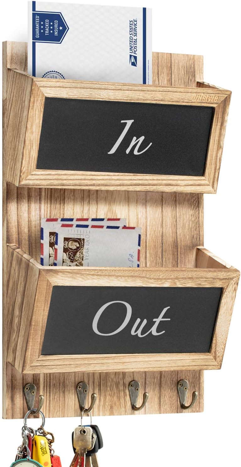 Unistyle Farmhouse Wooden Mail Holder Wall Mounted with 4 Key Hooks, 2-Slot Mail Holder Organizer with Chalkboard Surface, Mail Sorter for Wall Made of Paulownia Wood (Torched Brown)