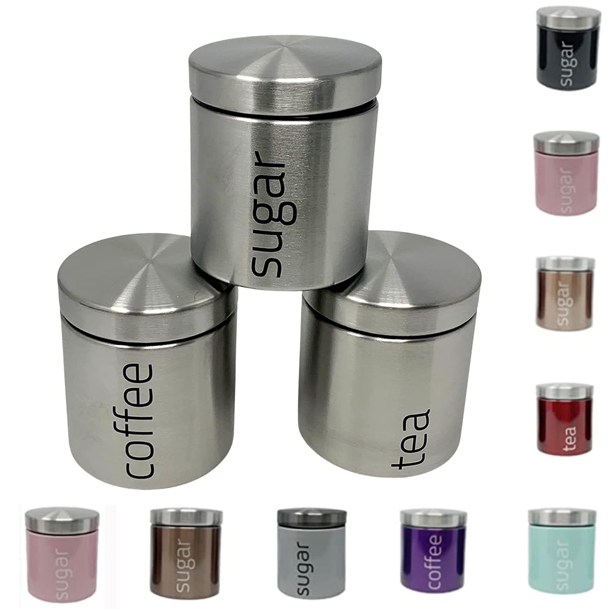 plastific 3pcs Set of Stainless Steel Tea Coffee Sugar Canisters | Airtight Kitchen Storage Jars | Modern Satin Metal Containers for Dry Goods, Pantry Organization and Countertop Display