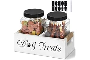 ANRXNCY Dog Treats Container, Food Containers for Dog and Cat, Wooden Dog Treat Food Jar Holder with Handles, Pet Food Storage Container with 2 Jars, Farmhouse Dog Treats Organizer, Gift for Dog Families