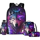 Upetstory Galaxy Wolf Backpacks Set for School for Kids Girls Boys School Bag Set with Lunch Box Pencil Case Water Bottle Sleeve Preschool Kindergarten Elementary Bookbag Teenager Schoolbag