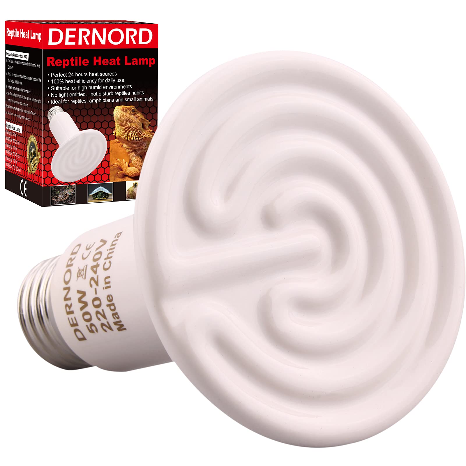 DERNORD Ceramic Heat Emitter 50W - E27 Vivarium Ceramic Heat Lamp Light Bulb for Reptile Bearded Dragon Lizard Snake Outside Tortoise Brooder White