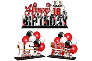 LINGTEER Happy 16th Birthday Red Acrylic Table Topper Centerpieces Set - Cheers to Sixteen Years Old Birthday 16th Bday Party Gift Decorations.