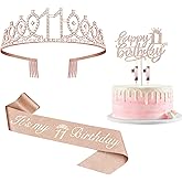 11th Birthday Decorations for Girl with Sash and Tiara, Numeral Candle and Cake Topper, 11 Year Old Birthday Decorations Gifts, Rose Gold Party Favor Supplies