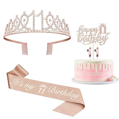 11th Birthday Decorations for Girl with Sash and Tiara, Numeral Candle and  Cake Topper, 11 Year Old Birthday Decorations Gifts, Rose Gold Party Favor 
