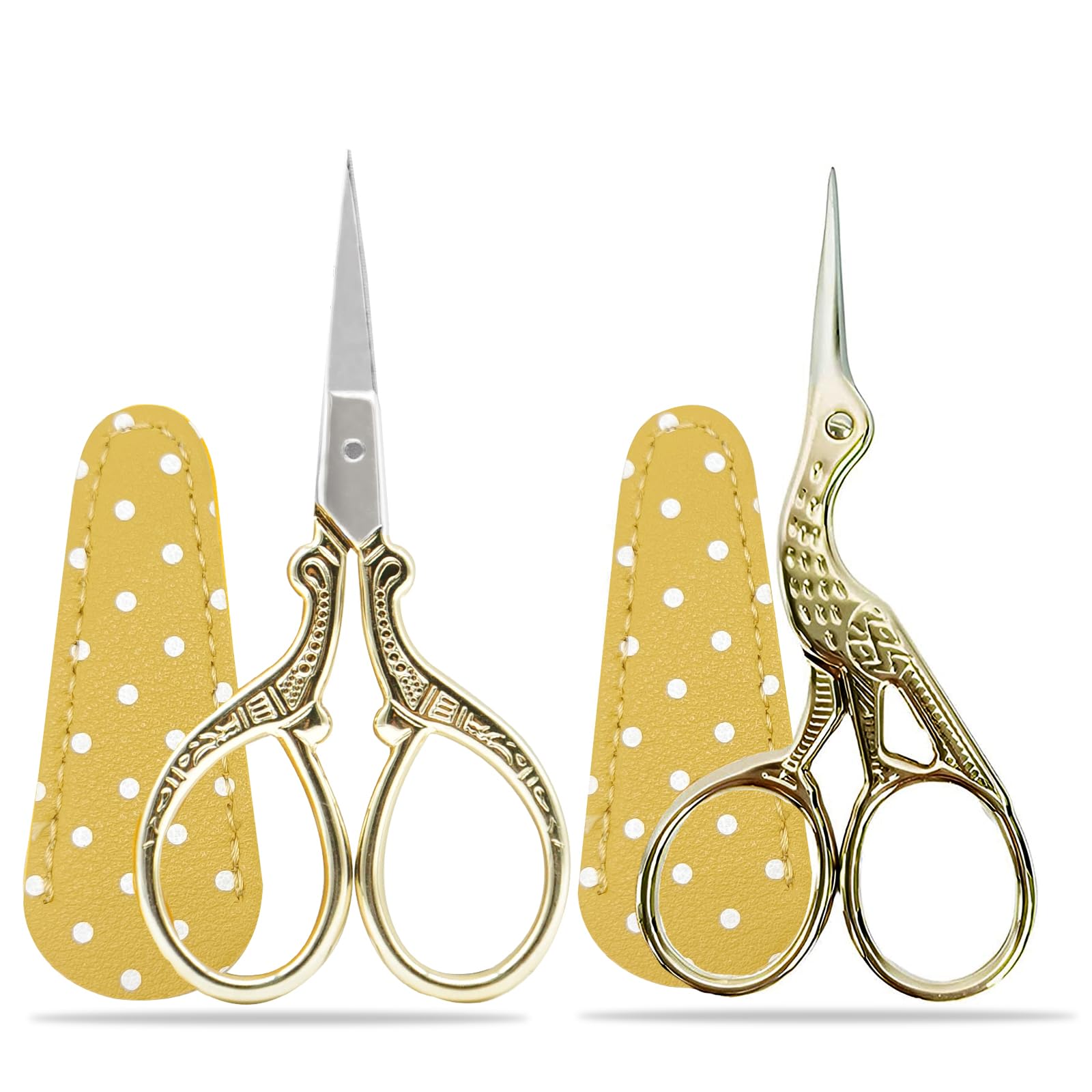 Gold Stainless Steel Embroidery Scissors, 2PCS Small Craft Scissors for Sewing, Needlework & Handicraft with Fake Leather Cover