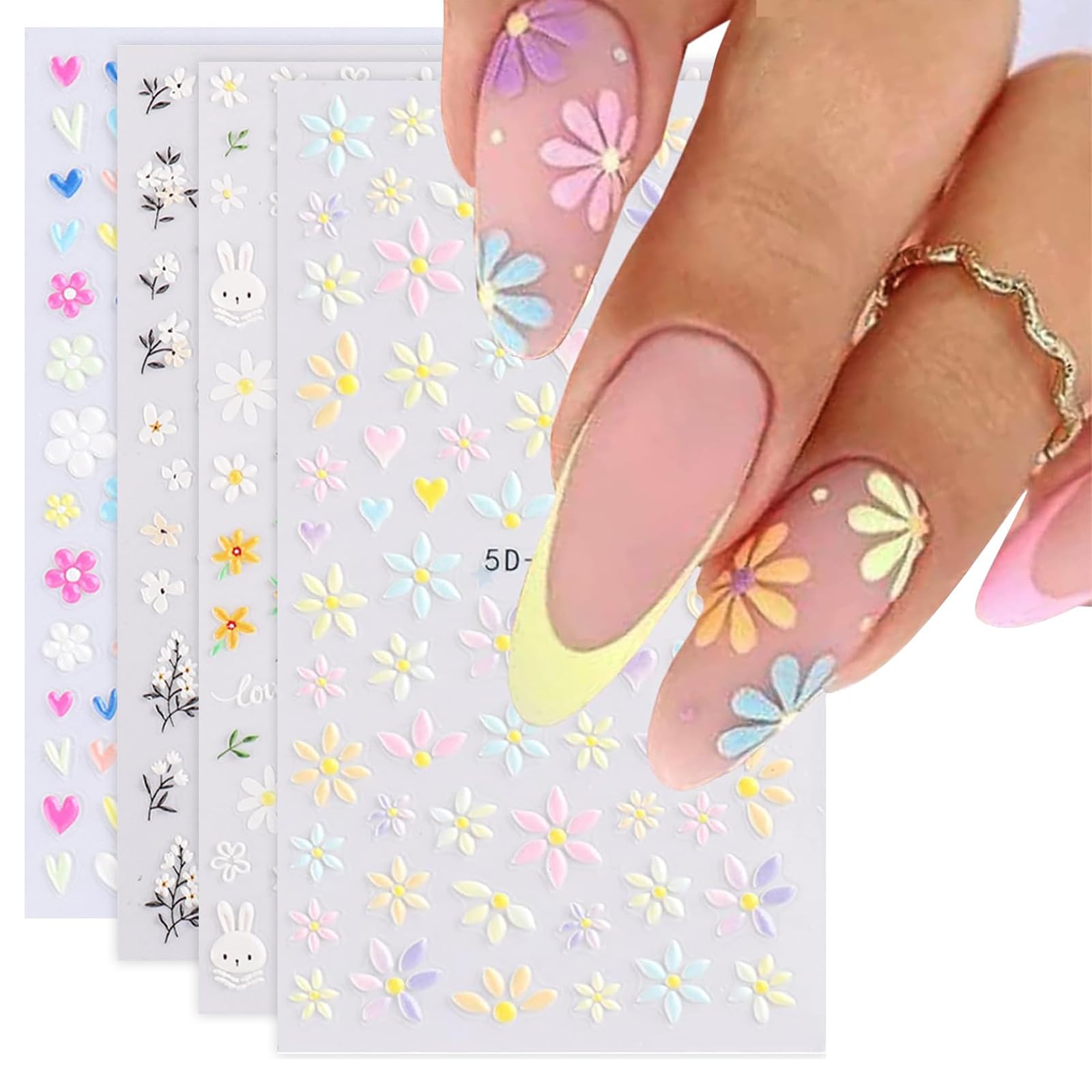 TELAIN Nail Sticker Set For Unique Nail Design, 4 Sheets Spring Themed Nail Art Accessories, Perfect For 3D Gel Nails And UV Gel Strips
