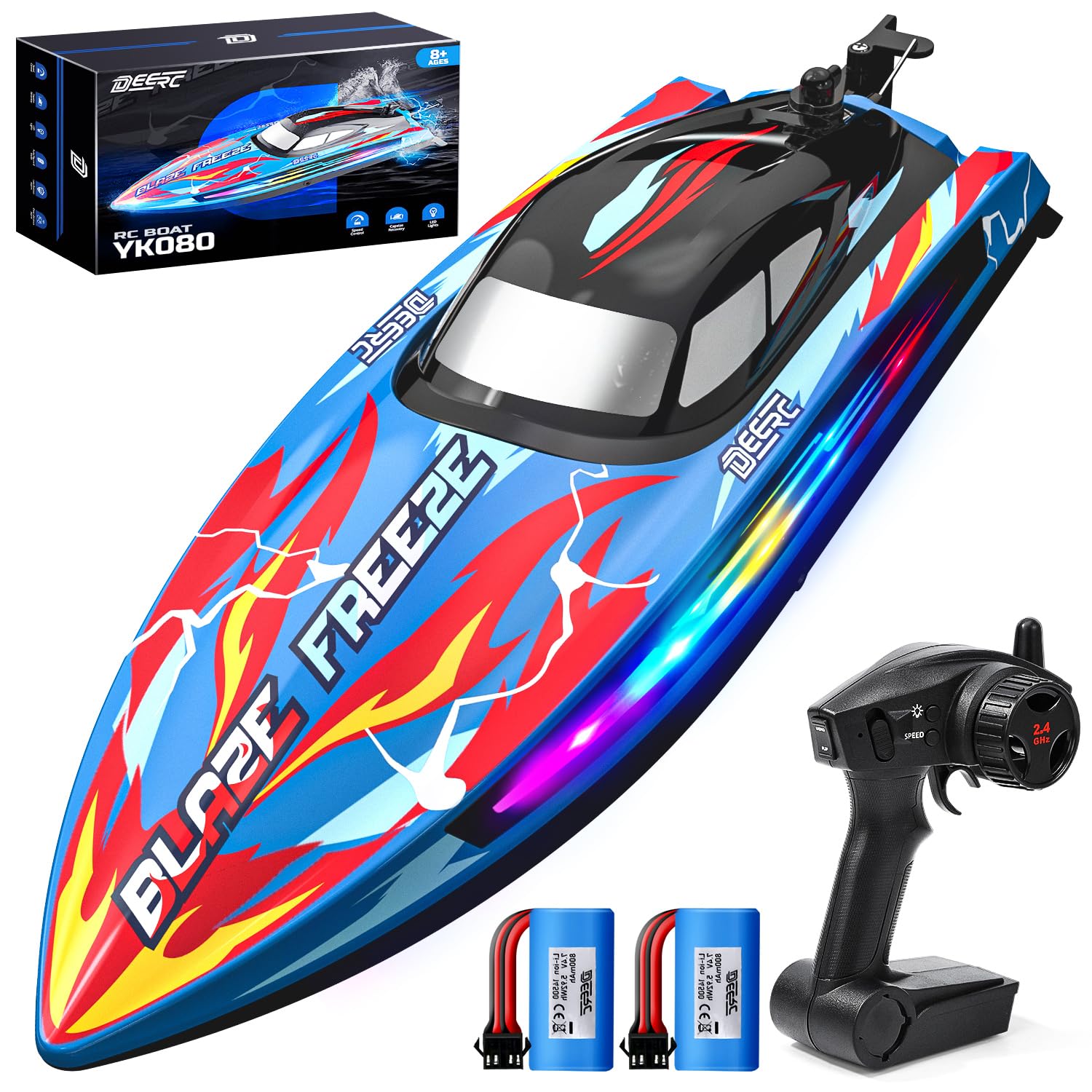 DEERC Fast RC Boat for Pool & Lake with LED Light, 20+MPH, 40+ Mins, Self Righting Remote Control Racing Speed Boat for Kids, 2.4Ghz Summer Water Toy Gift