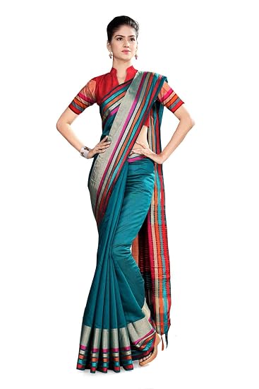 Uniform Sarees Womens Poly Cotton Saree With Blouse Piece(D.No-807/2019_Green_Red)