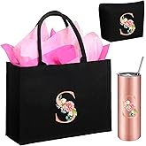 Huhumy Initial Canvas Tote Bag for Women Makeup Bag Monogram Initial Tumbler Personalized Birthday Valentine Gifts