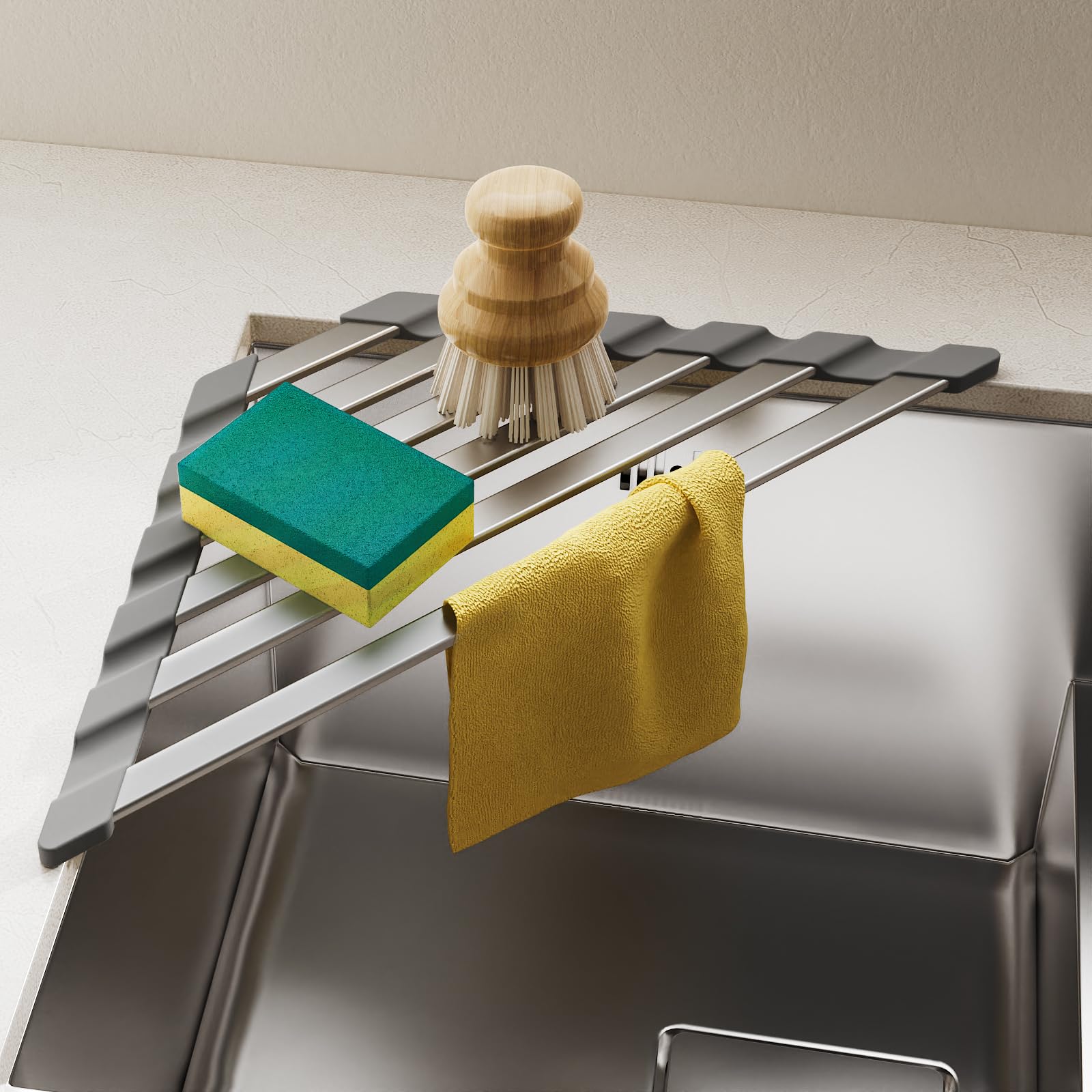Photo 1 of COOL-ANGLE Triangular Dish Drying Rack, Sponge Holder for Kitchen Sink Multipurpose Over The Sink Aluminum Draining Rack Non-Slip, Easy to Clean and Space Saving, Triangular 16 x 9.5inch Matte Grey