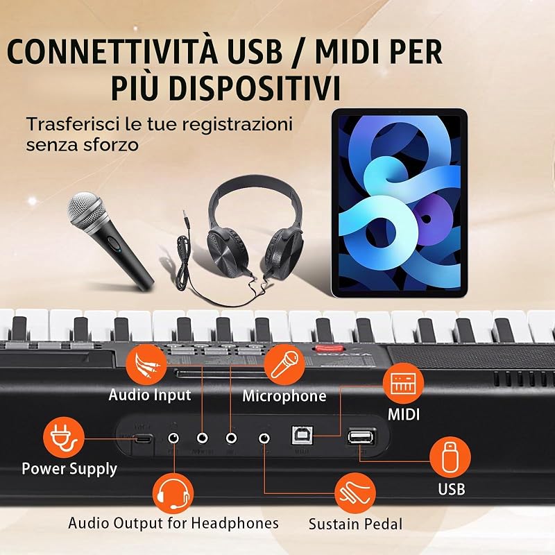 Pianoforte Digitale Tastiera, 61 Tasti, Pianoforte Elettrico Portatile, Supporto, 600 Toni, 500 Ritmi, Altoparlanti Incorporati, Pedale Sustain, Cuffie, Microfono, USB MIDI, per Principianti