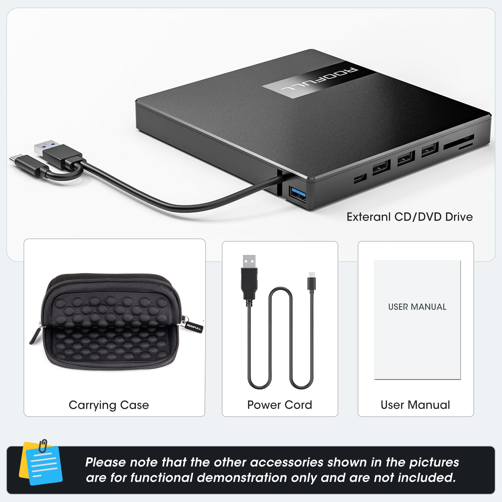 ROOFULL External CD DVD Drive for Laptop 8-in-1 USB 3.0 & USB-C DVD Player CD-ROM/RW Disc Reader Writer Burner with Carrying Case & SD Card Slots + USB Ports for Mac PC MacBook Windows 11/10 Computer