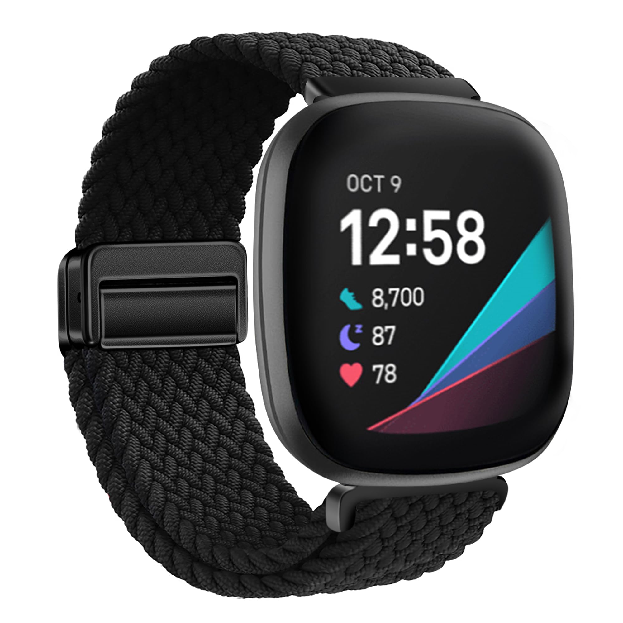 XMUXI Nylon Watch Band Compatible with Fitbit Versa 4/Versa 3 Straps/Sense 2/Sense Strap for Women Men, Stretchy Magnet Braided Replacement Wristbands Black