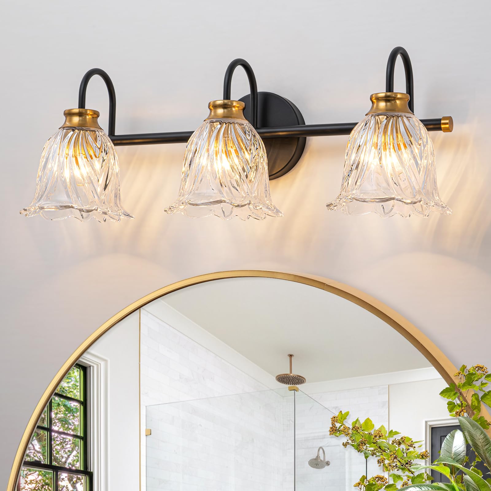 Photo 1 of ***FACTORY SEALED***HUOKU Vintage Bathroom Vanity Light 3 Lights, 23.3" Black Gold Bathroom Light Fixtures with Clear Flower Glass Shade Modern Vanity Light Over Mirror