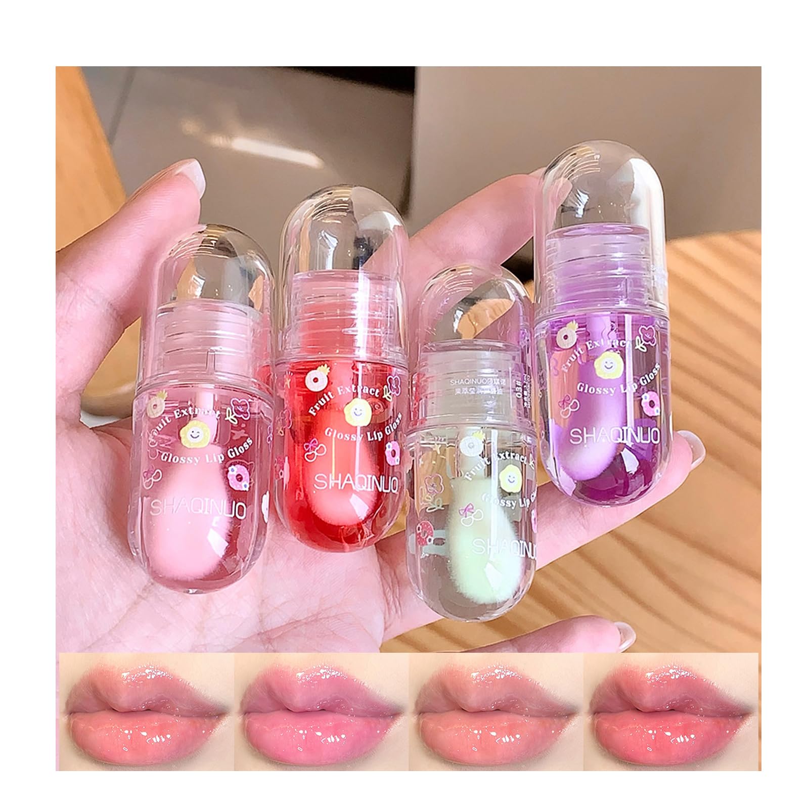 4 Pcs Lip Gloss Oil Set, Fruit Flavored Lip Gloss Set Cute Lip Jelly Hydrating Lip Make-Up for Women Party Gift, Non-toxic, Best Friends