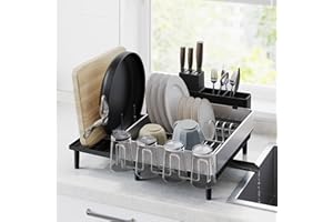 SONGMICS Large Dish Drying Rack, Expandable Dish Dryer for Kitchen Counter, Stainless Steel Dish Rack with Rotatable Spout, U