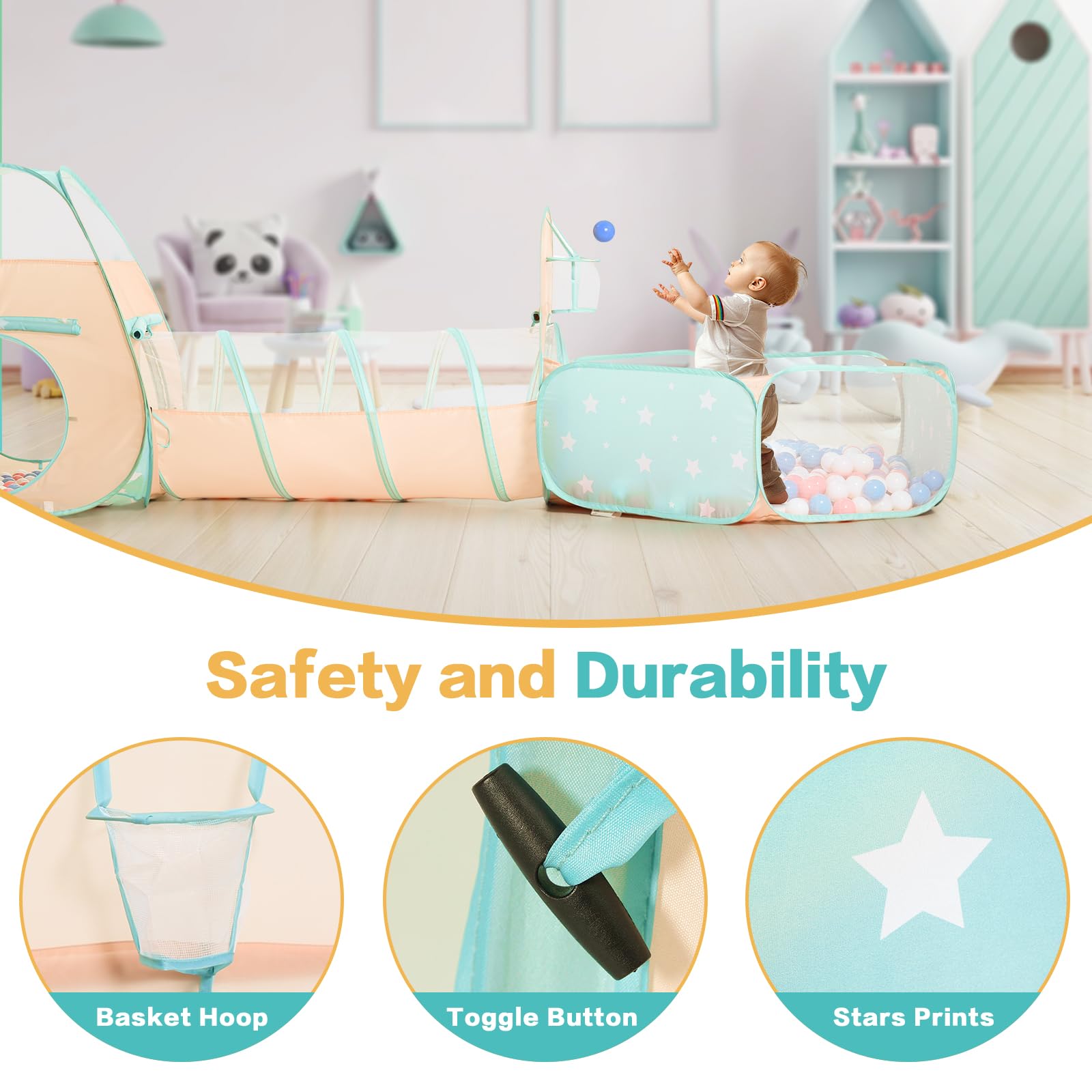 SISTICKER 3 in 1 Kids Play Tent with Baby Ball Pit and Play Tunnel, Toddler Climbing Toys for Boys, Girls, Babies, Indoor Outdoor Pop Up Playhouse Tunnel Toys (Balls NOT Included)