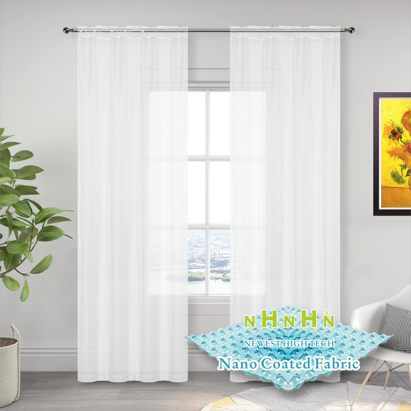 NHNHN Nano Material Coated Voile Sheer Curtains 2 Panles for Living Room Bedroom Kitchen Room Children's Room, 52" Wide x 63" Drop (W132 x H160cm, White)
