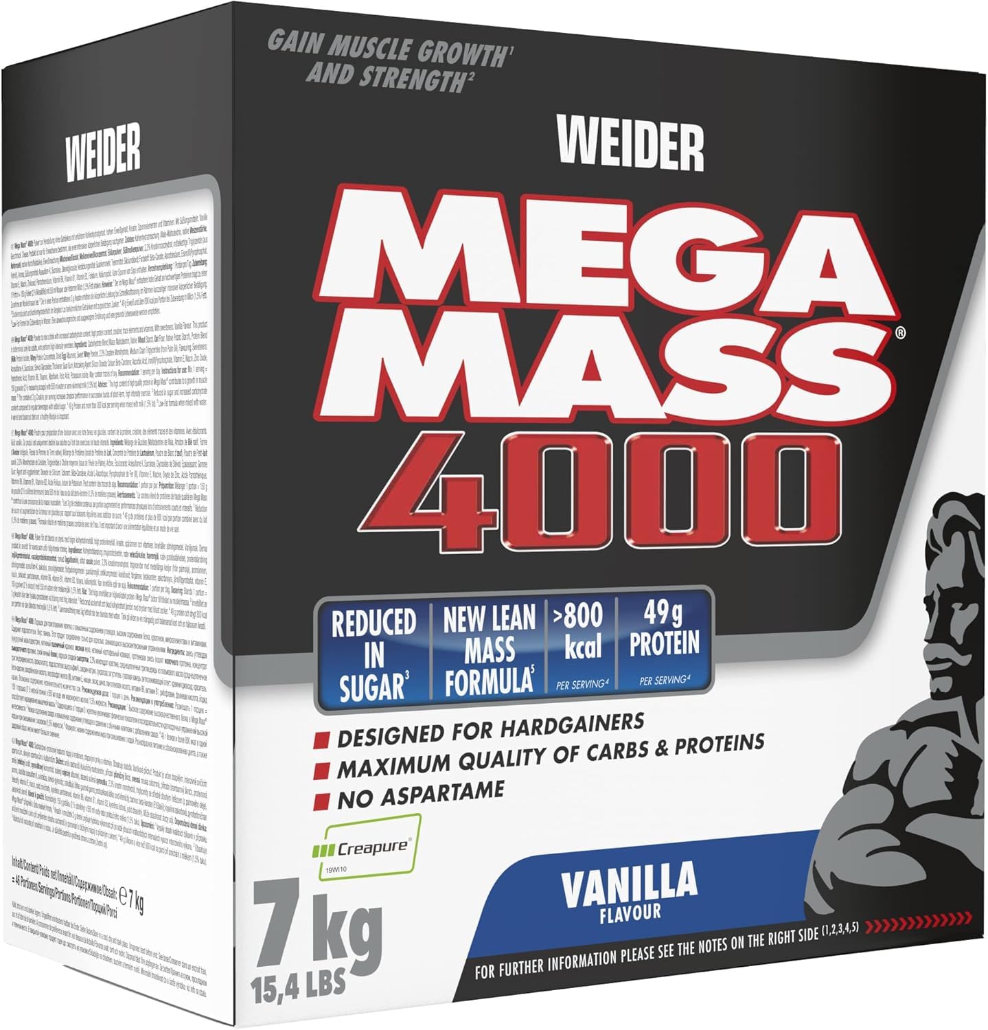 Weider Mega Mass 4000, Vanilla, Protein Rich Formulation with Creapure Creatine, High Quality Complex Carbs, Muscle Building, 7kg — image 1
