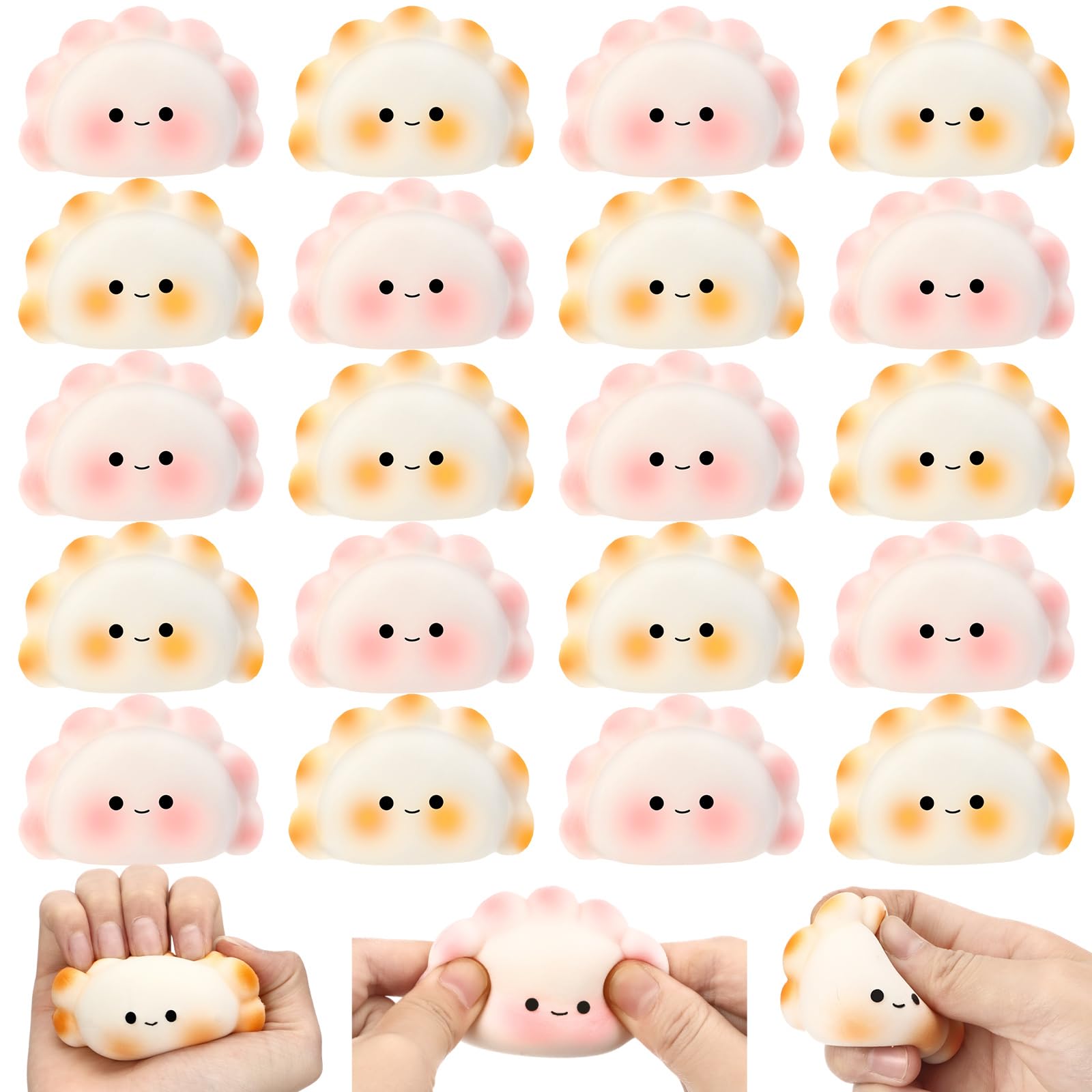 Photo 1 of Hollowfly 20 Pcs Positive Dumpling Stress Balls Fidget Sensory Toy Emotional Relief Squeeze Stretchy Food Pierogi Stress Balls Funny Dumpling Toy for Christmas Employee Women Gifts Party Favors