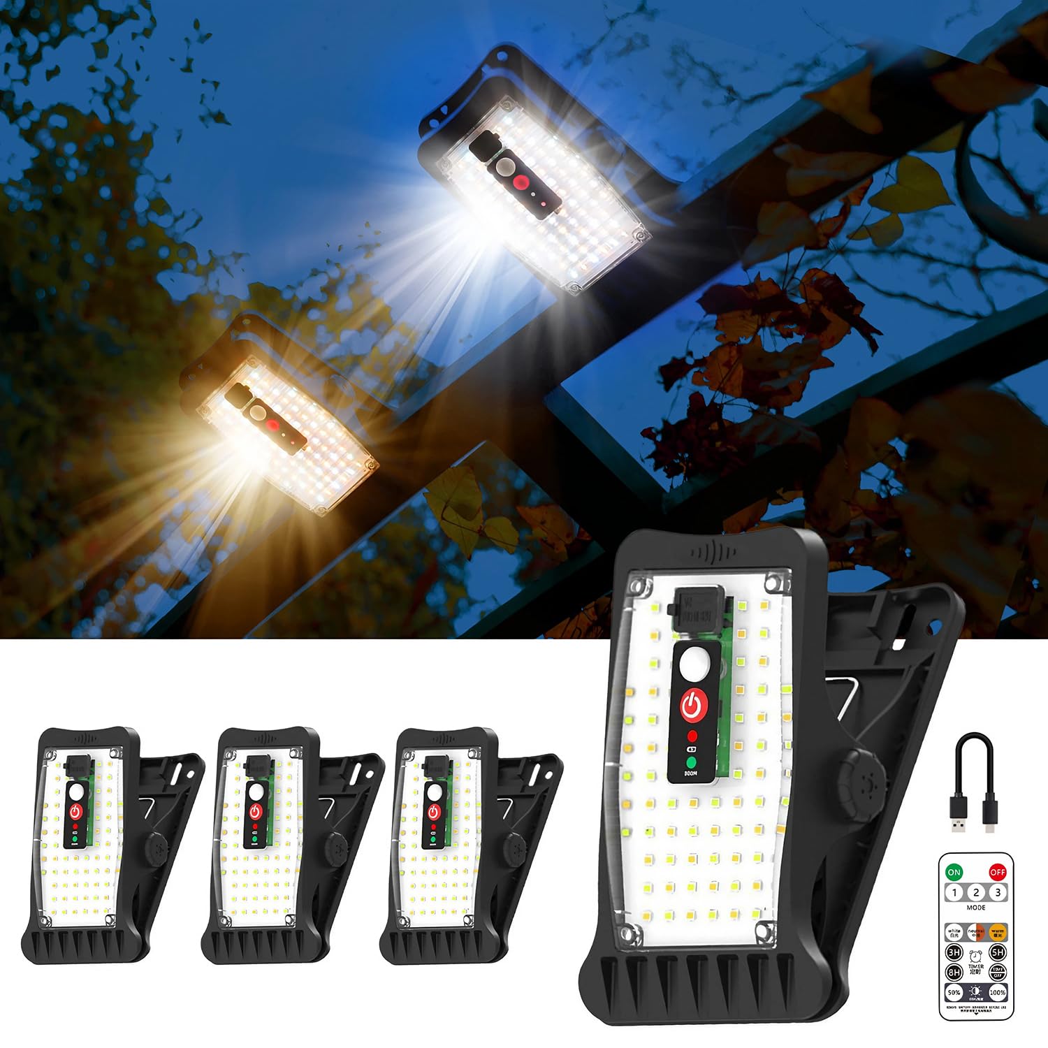 Photo 1 of Clip On Solar Motion Lights Outdoor Waterproof, 800LM, 70 LED, 3 Color Temperature, USB & Remote Control, 4 Pack Portable Solar Powered Light Outside for Gutters Fence Garage Camping