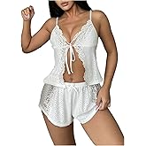 SOLY HUX Pajama Sets for Women 2 Piece Lace Trim V Neck Tie Front Sleepwear Cami Tops and Shorts Loungewear