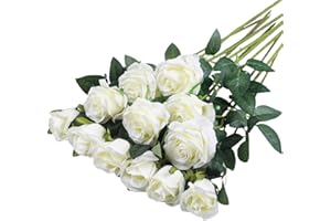 Hawesome 12PCS Artificial Silk Flowers Realistic Roses Bouquet Long Stem for Home Wedding Decoration Party (White -2)