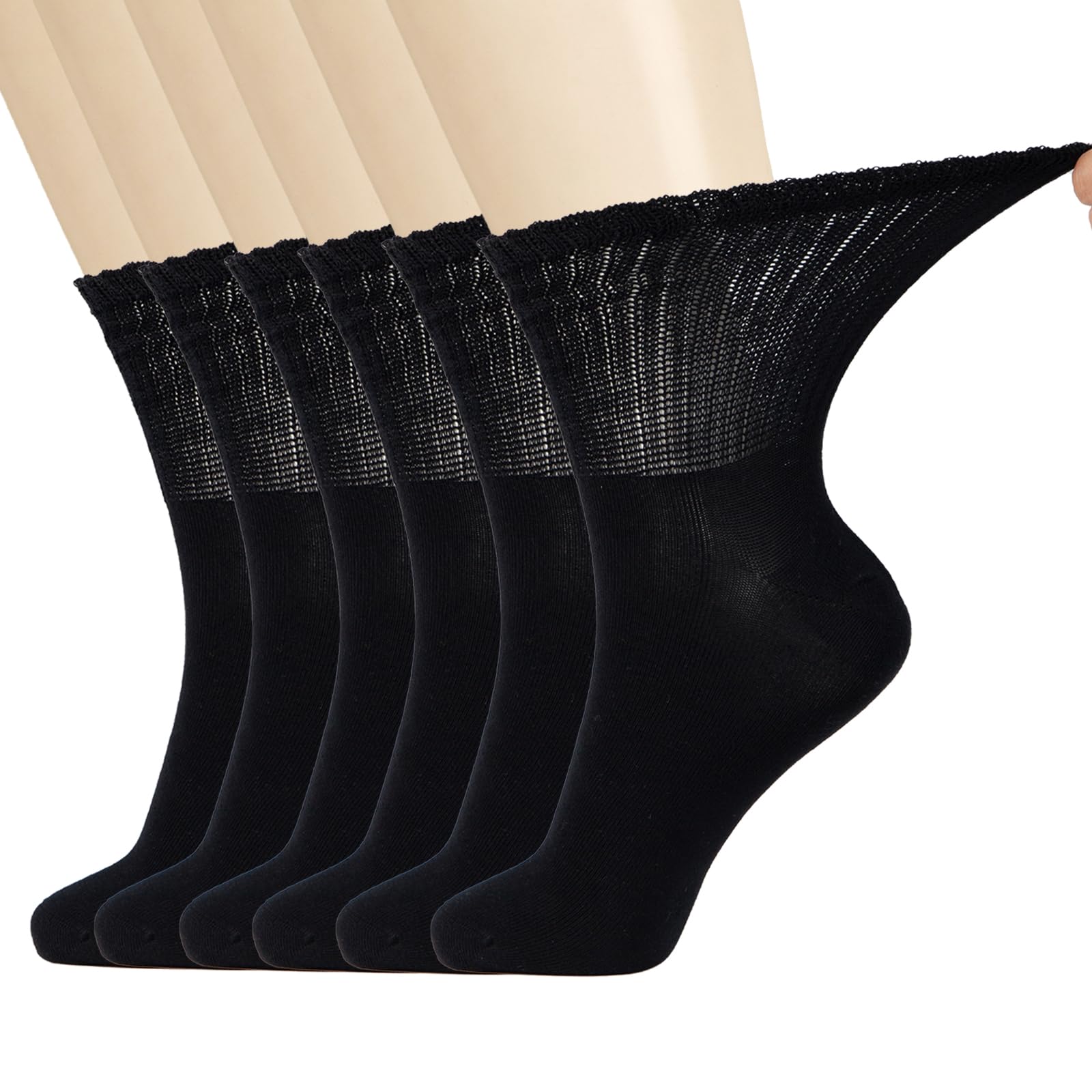 View 1 of +MD Diabetic Socks Men Women-6 Pairs, Non-Binding Extra Wide Crew Socks, Circulator Socks for Edema 9-11 Black