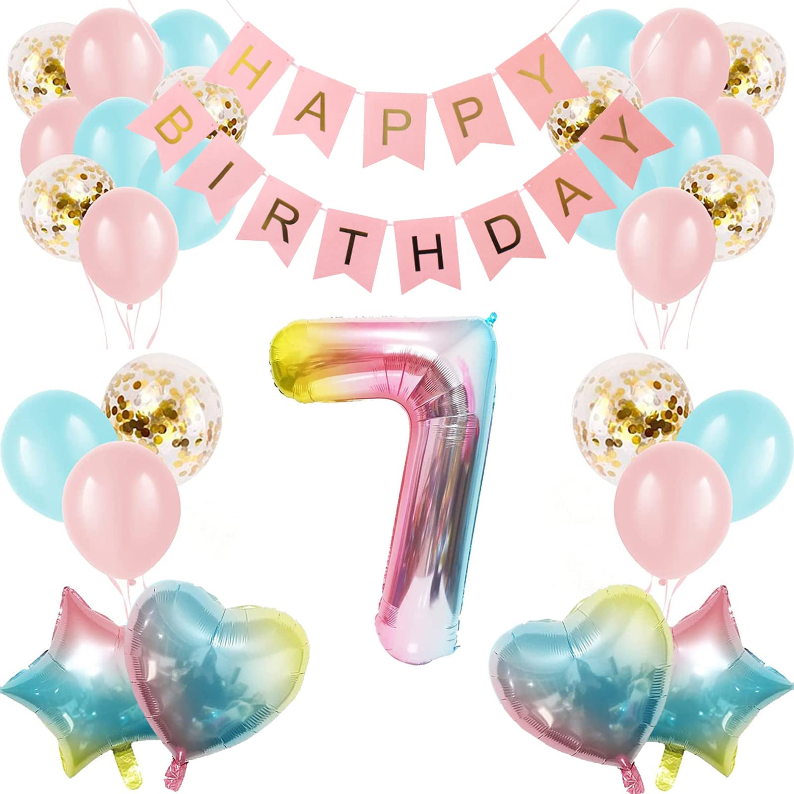 Apradas Baby Girl 7th Birthday Decorations Gradient Color Age 7 Birthday Balloons with Happy Birthday Banner for Baby Showers Seventh Birthday Party Supplies for Girls Boys (7th-Birthday)