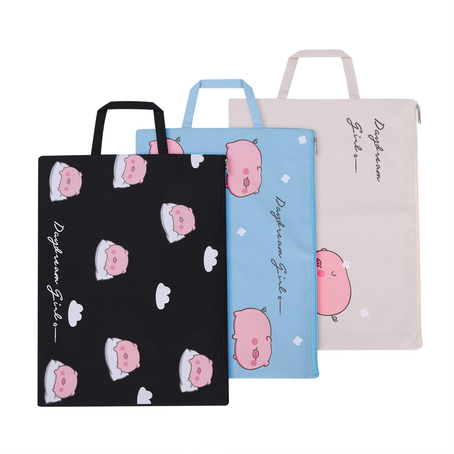 3pcs Canvas A4 Document Wallets Cute Cartoon File Folders Waterproof Piggy Document Holders Portable Zipper File Organiser Storage Bag with Handle for Papers Pens Book Tablet Cosmetics