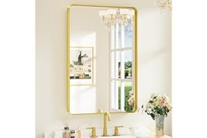 Keonjinn 24" x 36" Gold Bathroom Mirrors for Over Sink Brushed Brass Metal Gold Framed Mirror, Rounded Rectangle Bathroom Van