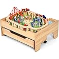Costzon Train Table with 100 Multicolor Pieces, Wooden Kids Activity Table with Large Rolling Storage Drawer, Tracks, Cars, DIY Design, Train Set Table for Toddlers 3+, Gift for Boys Girls