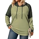 VISLILY Plus-Size-Hoodies for Women Trendy Color Block Tops Raglan Long Sleeve Drawstring Button Hooded Waffle Sweatshirts