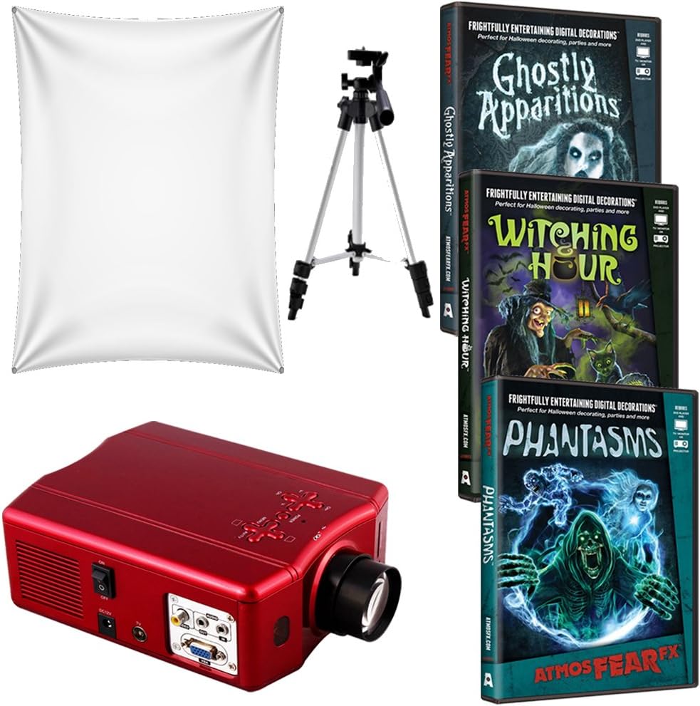 AtmosFearFX Phantasms, Witching Hour and Ghostly Apparitions Virtual Reality HD Projector Kit for Halloween. Includes LED Projector, Projection Screen and Tripod!