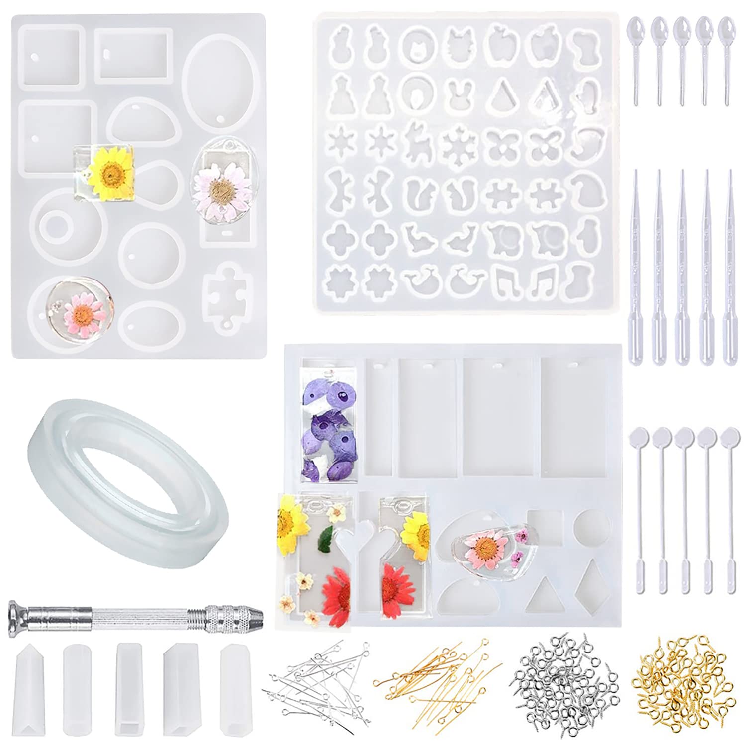 KEPKKU Epoxy Resin Moulds Kit, Silicone Moulds for Jewellery Making, 165Pcs Reusable Resin Casting Molds and Tools Set with Hand Drill&Screw Eye Pins for DIY Pendants/Earrings/Necklaces - Translucent