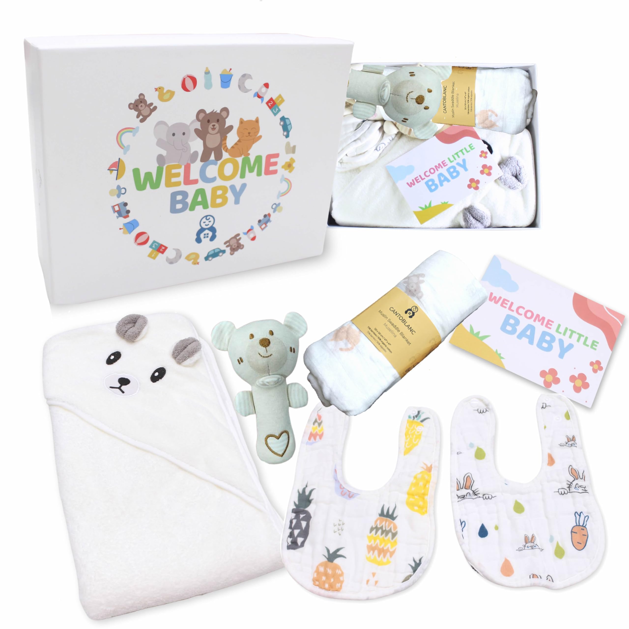Cantoblanc - Newborn Baby Basket. Unisex Baby Gift Basket for Boys and Girls. Baby Gift Set. Welcome Pack Box: Hooded Bath Towel, Muslin Cloth, 2 Absorbent Bibs, and Rattle