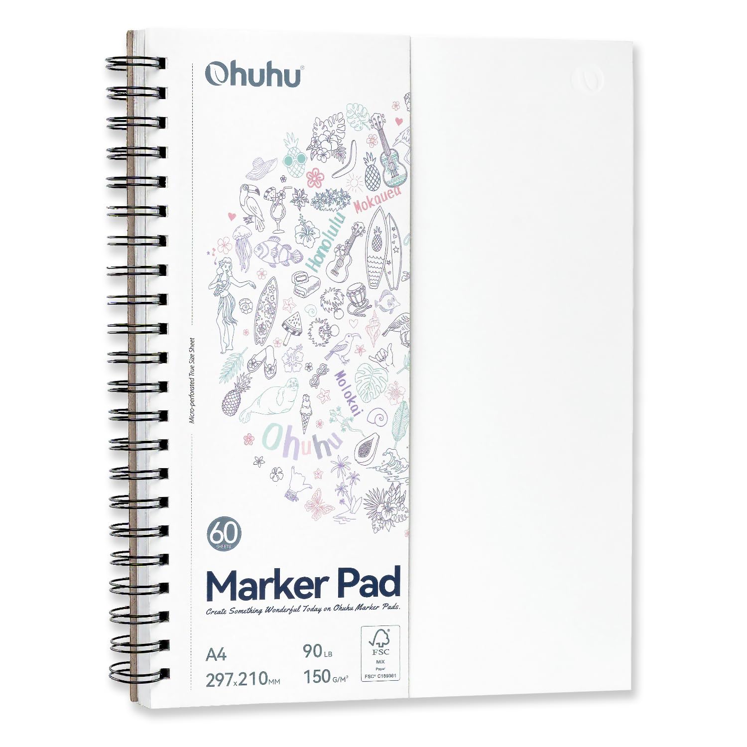 Ohuhu A4 Sketchbook - Double-Sided Bleedproof, 150GSM No Bleed-Through Paper, 60 Sheets (120 Pages), Spiral Bound A4 Marker Pad for Alcohol Markers, Acrylic & Watercolour