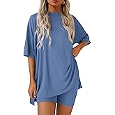 PRETTYGARDEN Women 2 Piece Lounge Set 2026 Summer Casual Oversized Shirts Biker Shorts Matching Airport Travel Outfit Clothes