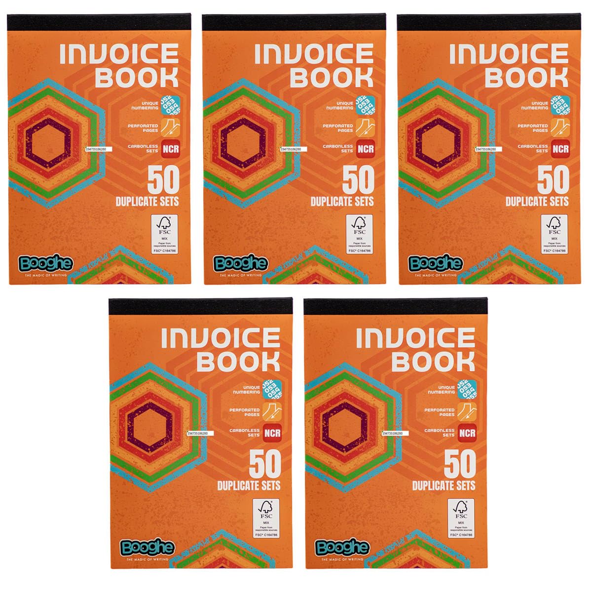 Booghe Invoice Duplicate Book – Carbonless NCR Copies, 50 Sequentially Numbered Sets, 137 x 203mm, Perforated Pages, FSC Paper – Ideal for Business & Sales - Pack of 5