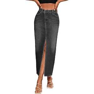 Flvsun Women's High Waist Stretch Maxi Denim Skirt Front Split Frayed Raw Hem A line Casual Long Jean Skirt