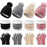 Suhine 16 Pcs Winter Beanie Hat Scarf Gloves Set Women Winter Knitted Hat Circle Scarves Touchscreen Gloves Earmuffs