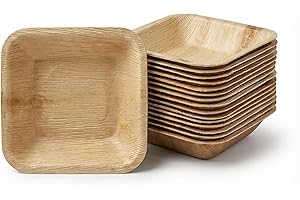 Naturelia 4-Inch Square Palm Leaf Disposable Bowls- Faux Wood Style Dinnerware Soup and Salad Bowl Set - 25-Pack Bundle - Mic