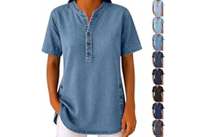 Women's Denim Shirt Button V Neck Lightweight Tunic Tops Fashion Casual Loose Short Sleeve Ladies Jean Blouse
