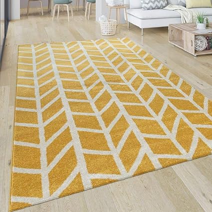 Paco Home Teppich Wohnzimmer Muster Geometrisch Modern Kurzflor Streifen In Gelb Weiß, Grösse:160x230 cm