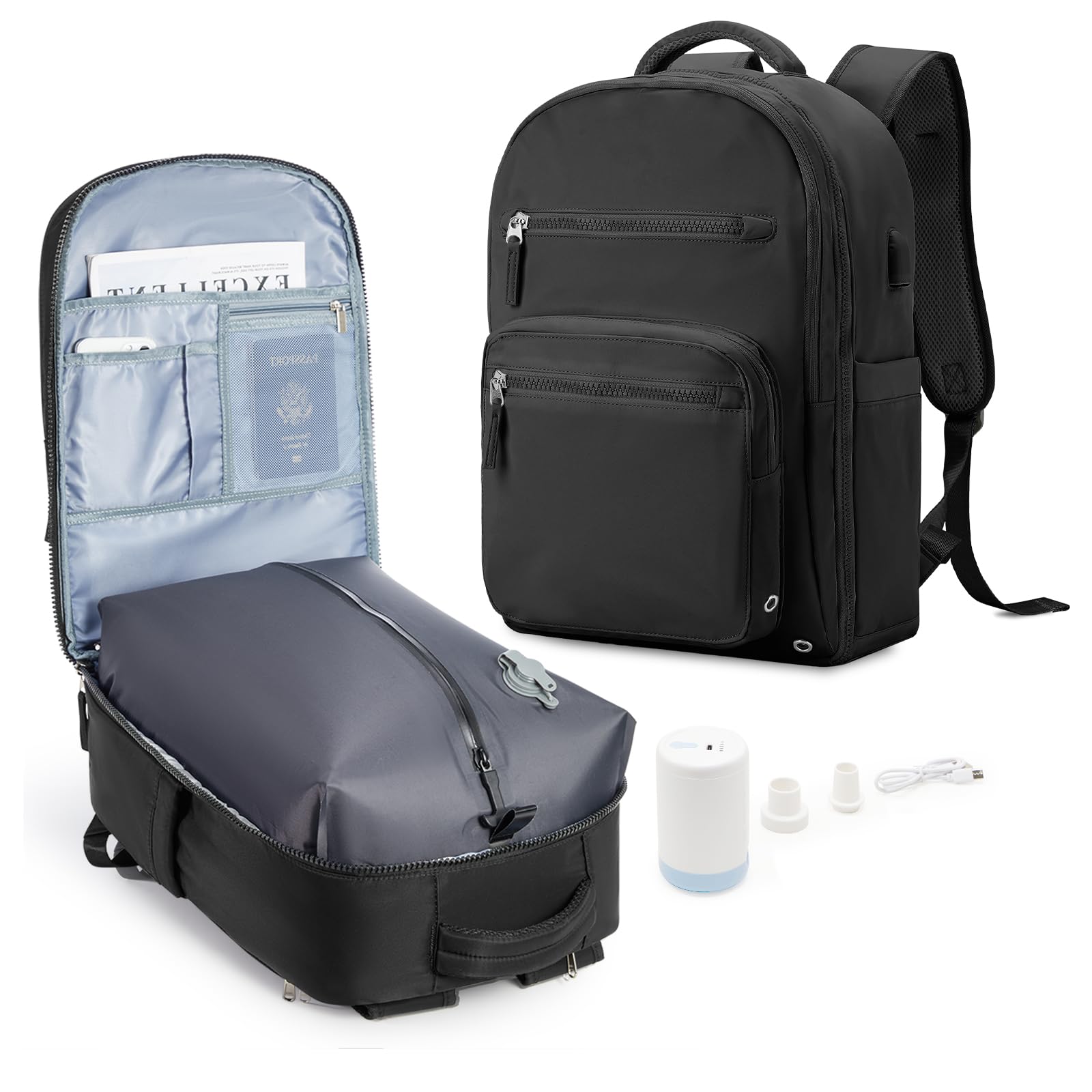 Photo 1 of Vacuum Seal Backpack for Travel with Air Pump Carry on Flight Approved Vacpack Compression Daypack Laptop Space Saver Bags Storage with Vacuum System 18x14x8 inches Travel Bag Women Black