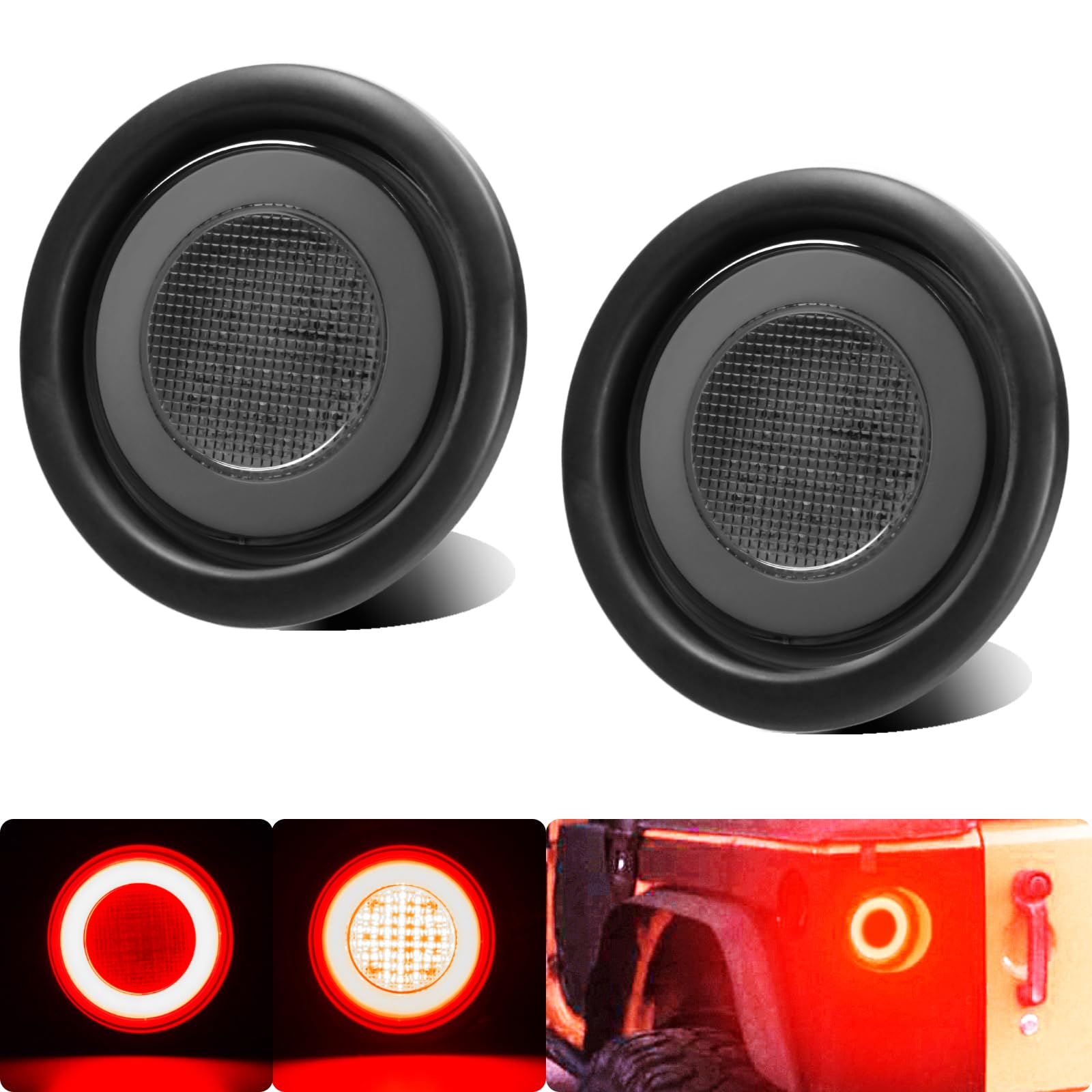 Photo 1 of WahMOTOTin 2pcs Smoked Lens 4 inch Round Red 64 LEDs Trailer Trucks Halo Brake Stop Running Turn Signal Tail Lights w/Rubber Grommet Sealed Waterproof IP67 For RV/Van, DC 12V